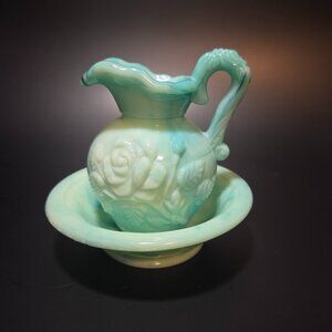 Vintage Avon Teal Aqua Slag Glass Pitcher & Basin Bowl Vanity Set